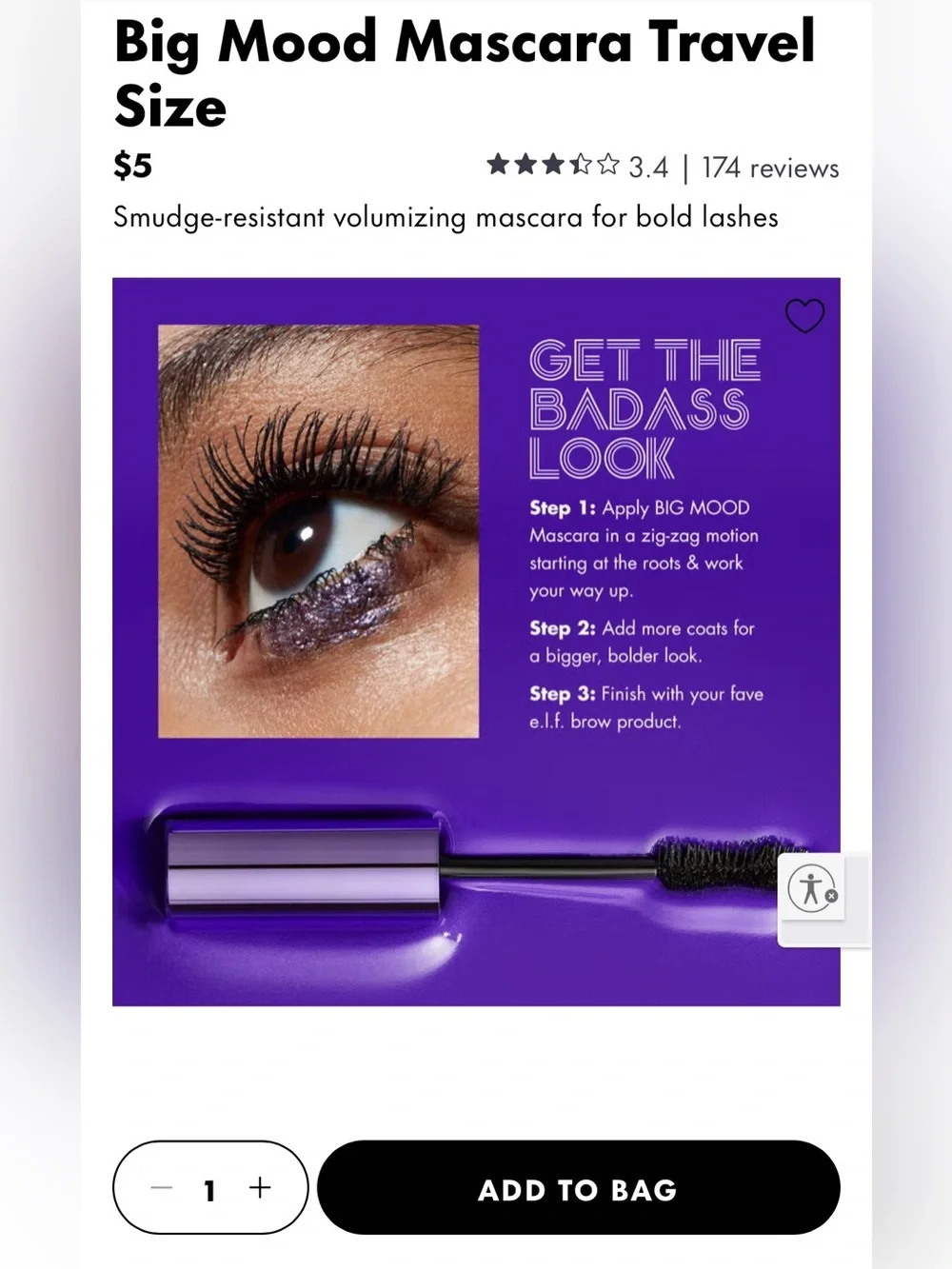 e.l.f. Big Mood Mega Volume & Lifting Mascara, Black 0.14oz Travel Size - 4 PACK